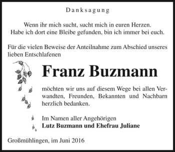 Traueranzeige von Franz Buzmann  von Magdeburger Volksstimme