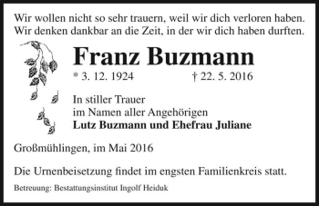 Traueranzeige von Franz Buzmann  von Magdeburger Volksstimme
