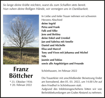 Traueranzeige von Franz Böttcher  von Magdeburger Volksstimme