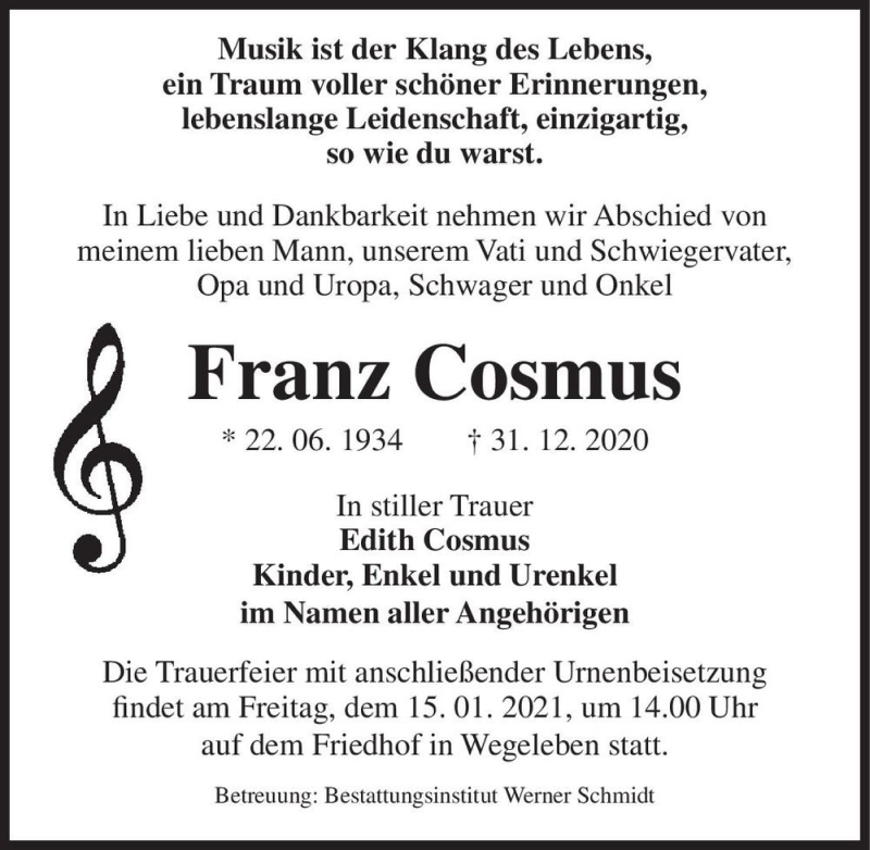 Traueranzeige für Franz Cosmus  vom 09.01.2021 aus Magdeburger Volksstimme