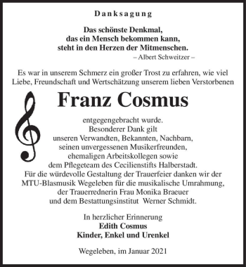 Traueranzeige von Franz Cosmus  von Magdeburger Volksstimme