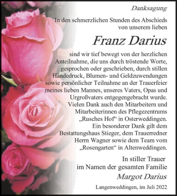 Traueranzeige von Franz Darius  von Magdeburger Volksstimme