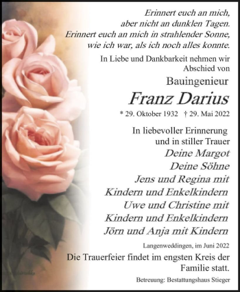 Traueranzeige von Franz Darius  von Magdeburger Volksstimme