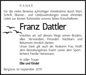 Traueranzeige von Franz Dattler  von Magdeburger Volksstimme