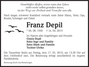 Traueranzeige von Franz Depil  von Magdeburger Volksstimme