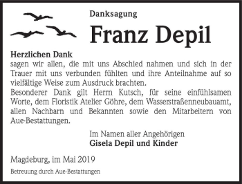 Traueranzeige von Franz Depil  von Magdeburger Volksstimme
