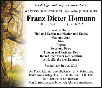 Traueranzeige von Franz Dieter Homann  von Magdeburger Volksstimme