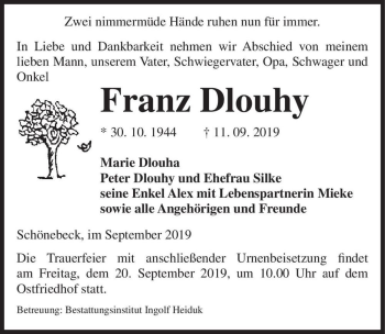 Traueranzeige von Franz Dlouhy  von Magdeburger Volksstimme