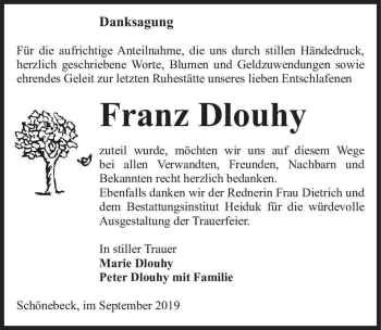 Traueranzeige von Franz Dlouhy  von Magdeburger Volksstimme