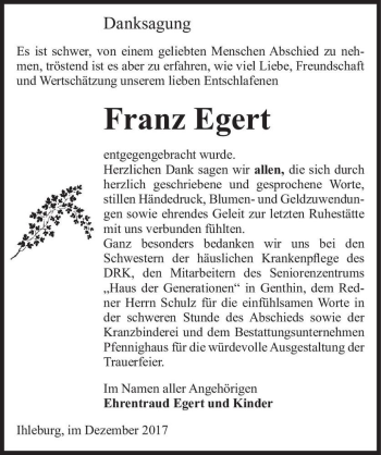 Traueranzeige von Franz Egert  von Magdeburger Volksstimme
