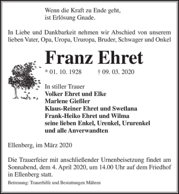 Traueranzeige von Franz Ehret  von Magdeburger Volksstimme