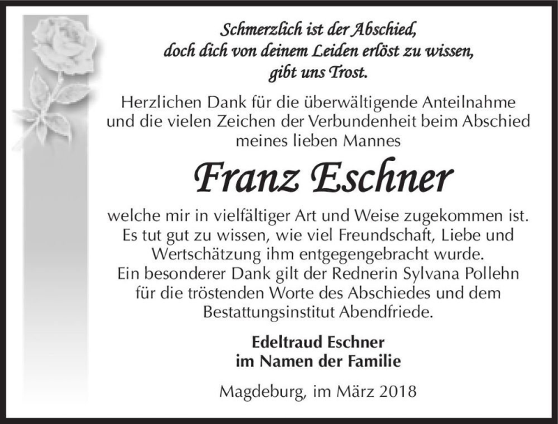  Traueranzeige für Franz Eschner  vom 03.03.2018 aus Magdeburger Volksstimme