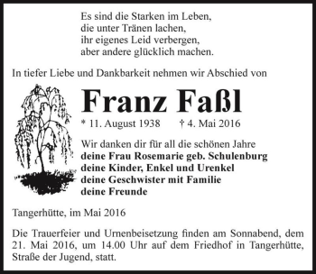 Traueranzeige von Franz Faßl  von Magdeburger Volksstimme