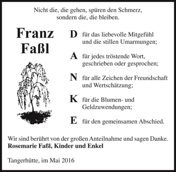 Traueranzeige von Franz Faßl  von Magdeburger Volksstimme