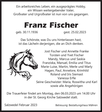 Traueranzeige von Franz Fischer  von Magdeburger Volksstimme
