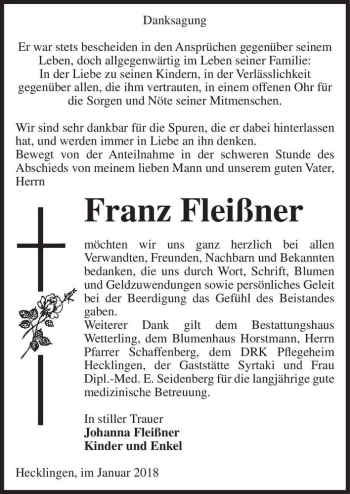 Traueranzeige von Franz Fleißner  von Magdeburger Volksstimme