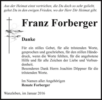 Traueranzeige von Franz Forberger  von Magdeburger Volksstimme