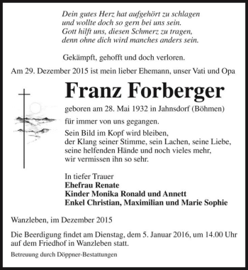 Traueranzeige von Franz Forberger  von Magdeburger Volksstimme