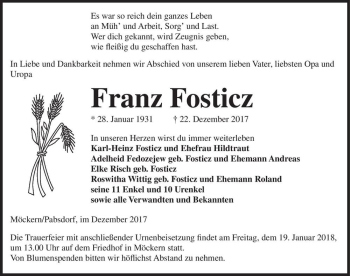 Traueranzeige von Franz Fosticz  von Magdeburger Volksstimme