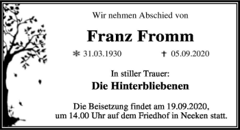 Traueranzeige von Franz Fromm  von Magdeburger Volksstimme