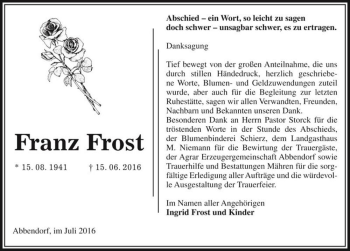 Traueranzeige von Franz Frost  von Magdeburger Volksstimme