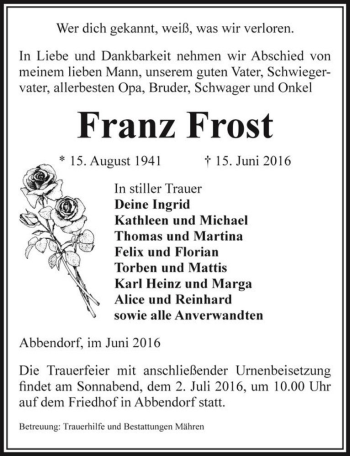 Traueranzeige von Franz Frost  von Magdeburger Volksstimme