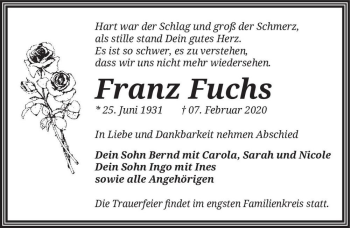 Traueranzeige von Franz Fuchs  von Magdeburger Volksstimme