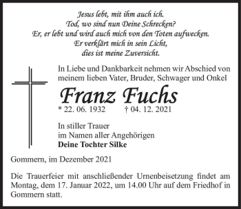 Traueranzeige von Franz Fuchs  von Magdeburger Volksstimme