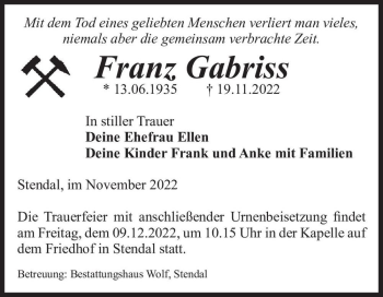 Traueranzeige von Franz Gabriss  von Magdeburger Volksstimme