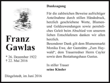 Traueranzeige von Franz Gawlas  von Magdeburger Volksstimme