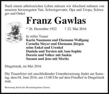 Traueranzeige von Franz Gawlas  von Magdeburger Volksstimme