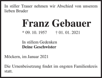 Traueranzeige von Franz Gebauer  von Magdeburger Volksstimme