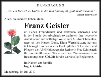 Traueranzeige von Franz Geisler  von Magdeburger Volksstimme