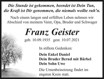 Traueranzeige von Franz Geister  von Magdeburger Volksstimme
