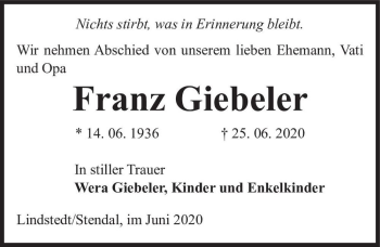 Traueranzeige von Franz Giebeler  von Magdeburger Volksstimme