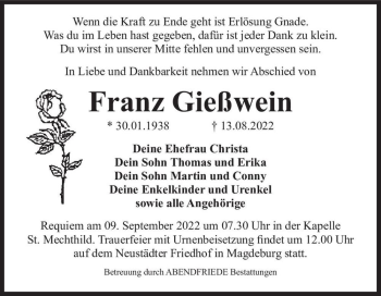 Traueranzeige von Franz Gießwein  von Magdeburger Volksstimme