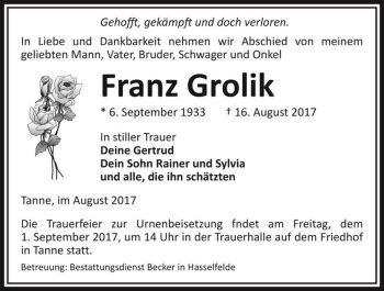 Traueranzeige von Franz Grolik  von Magdeburger Volksstimme