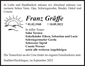 Traueranzeige von Franz Gräffe  von Magdeburger Volksstimme