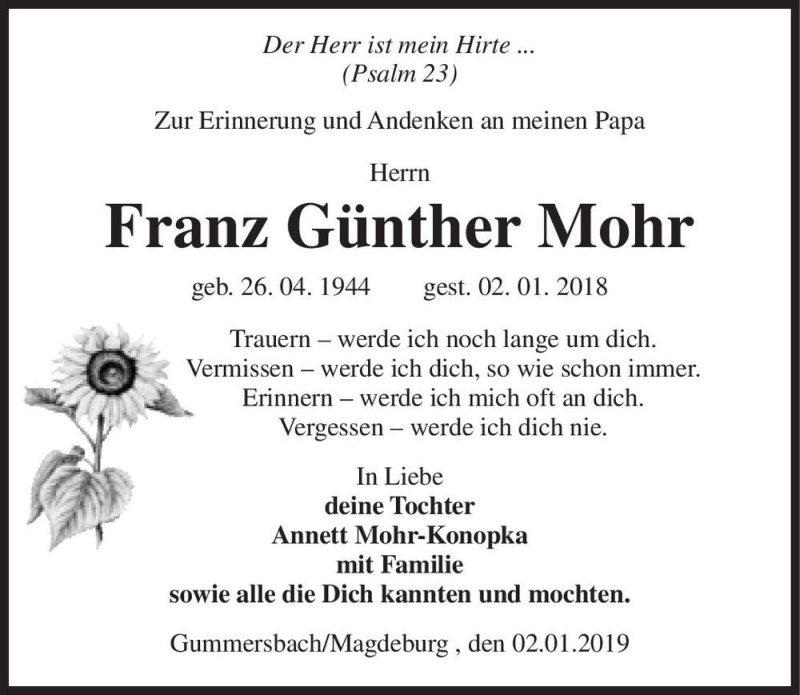  Traueranzeige für Franz Günther Mohr  vom 05.01.2019 aus Magdeburger Volksstimme