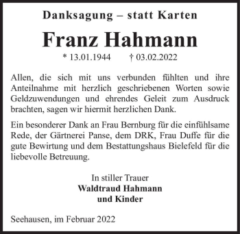 Traueranzeige von Franz Hahmann  von Magdeburger Volksstimme