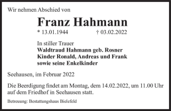 Traueranzeige von Franz Hahmann  von Magdeburger Volksstimme