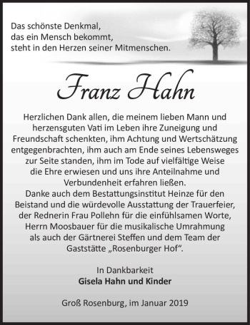 Traueranzeige von Franz Hahn  von Magdeburger Volksstimme