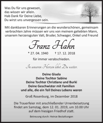Traueranzeige von Franz Hahn  von Magdeburger Volksstimme