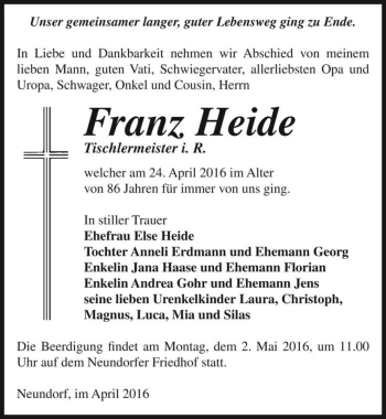 Traueranzeige von Franz Heide  von Magdeburger Volksstimme