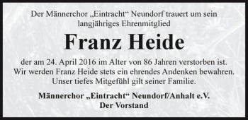 Traueranzeige von Franz Heide  von Magdeburger Volksstimme