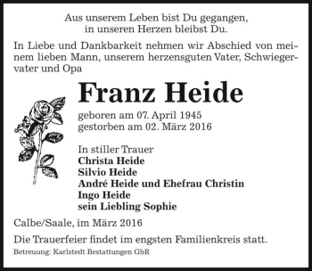 Traueranzeige von Franz Heide  von Magdeburger Volksstimme