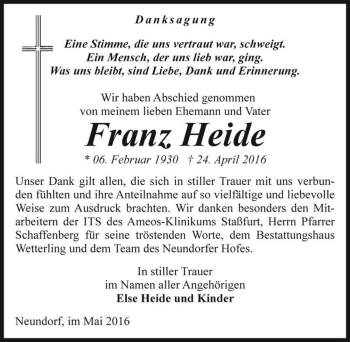 Traueranzeige von Franz Heide  von Magdeburger Volksstimme