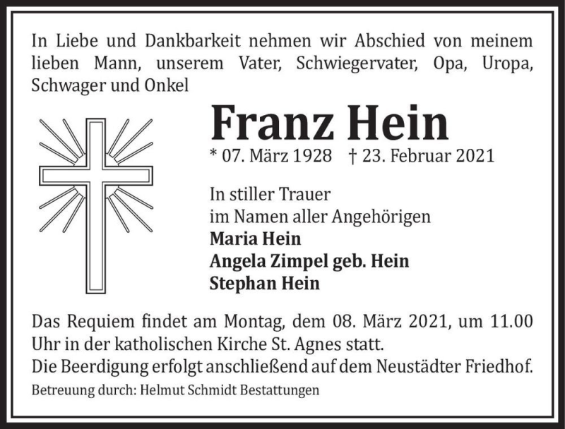  Traueranzeige für Franz Hein  vom 27.02.2021 aus Magdeburger Volksstimme