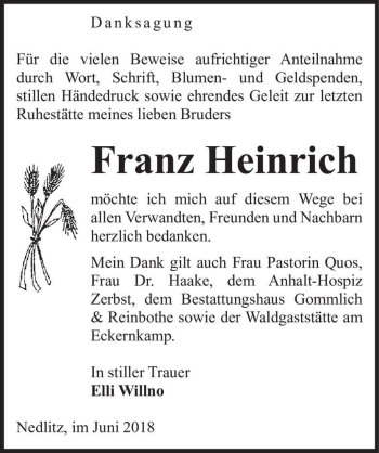 Traueranzeige von Franz Heinrich  von Magdeburger Volksstimme