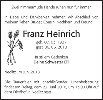 Traueranzeige von Franz Heinrich  von Magdeburger Volksstimme